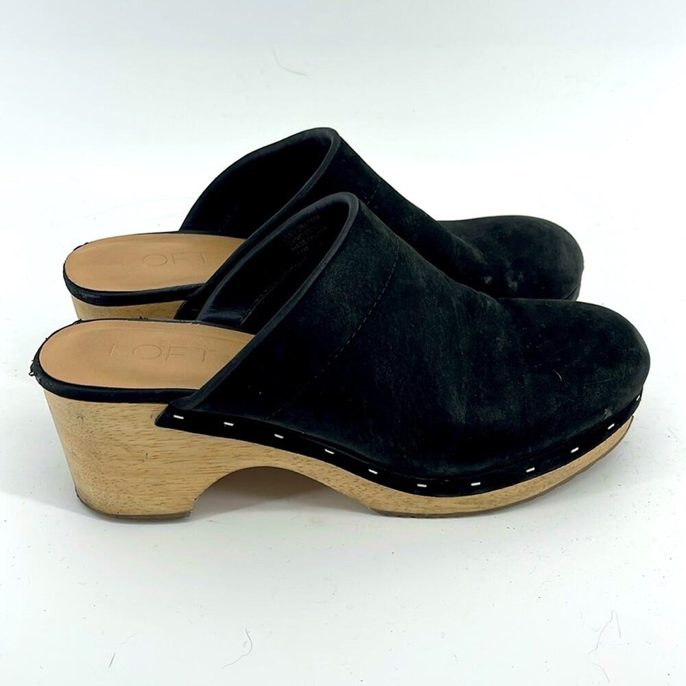 LOFT leather slip on mule Swedish style wooden sole clogs sz 7.5